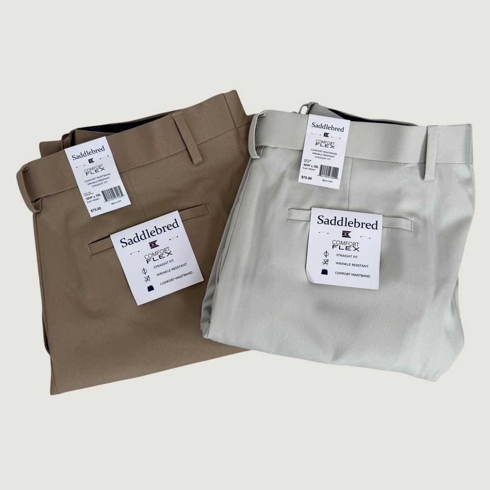 Saddlebred Mens Comfort Flex Straight Fit Dress Pants 36x30 Khaki NEW Lot of 2!